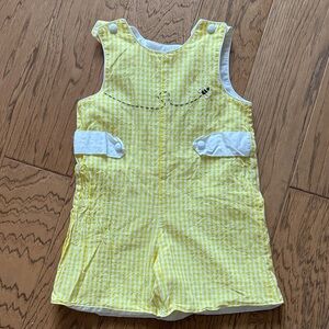 The Proper Peony Yellow Gingham Bumble Bee Embroidered Romper